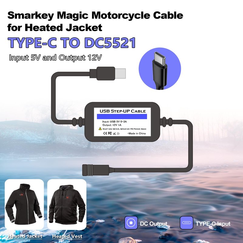 Smarkey 12V Heated Jacket Adapter Charger TypeC Voltage Step-Up Cable for Milwaukee, M12, Makita, Snap-on, Metabo, Craftsman, AEG (Only Support PD Power Bank)