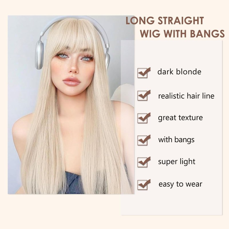 VOZIFAXIU Blonde Wig with Bangs for Women 24 Inch Long Straight Blonde Wigs Synthetic Heat Resistant Wig for Daily Party Use
