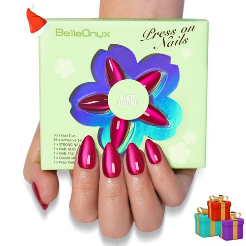 BelleOnyx Press on Nails Short-Hot Pink Cat Eye Press on Nails Almond Natural Fit & Glossy Stick on Nails with Glue in 15 Sizes-30 Reusable Fake Nails with Glue & Glue Remover for Women