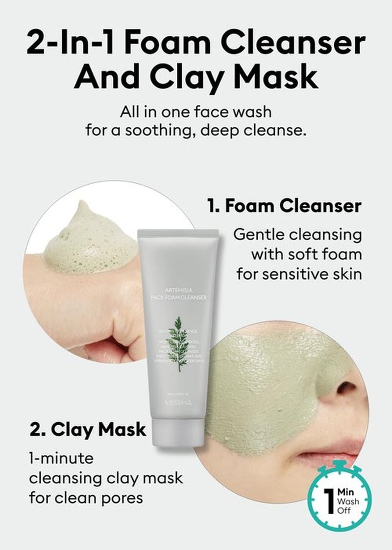 MISSHA Artemisia Pack Foam Cleanser 5.07 Fl oz/ 150ml, 2-in-1 Korean Facial Cleanser & Clay Mask with Double-Fermented Mugwort Extract, Soothes Sensitive Skin