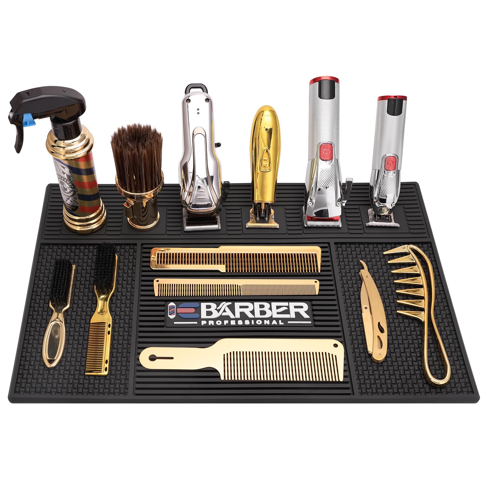 IEBARBER Magnetic Barber Mat for Station Barber Organizer Mat for Clipper Salon Station Tools with 6 Slots for Clippers Salon Barbershop Work Station Pads anti slip 19" X 12.5”-Black