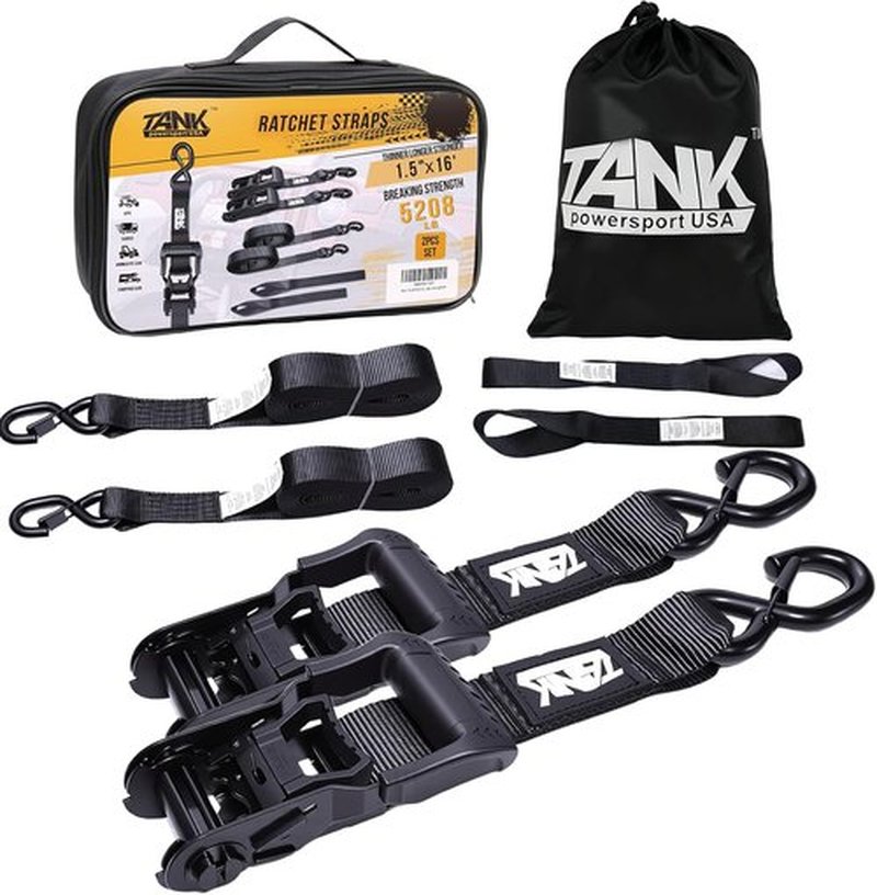 5208LB Heavy Duty Ratchet Straps - 1.5” x 16FT Tie Down Straps with Safety S Hooks for Trucks & Trailers | Black (2 Pack)