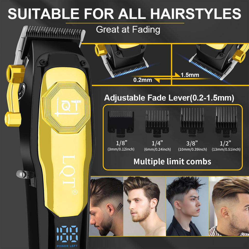 LQT Professional Cordless Hair Clippers for Men, Rechargeable Barber Clipper and Beard Trimmer Set with T-Blade, Adjustable Lever, LED Display,Haircut Trimmer Kit for Home & Barbers,Gold,Gift for Men