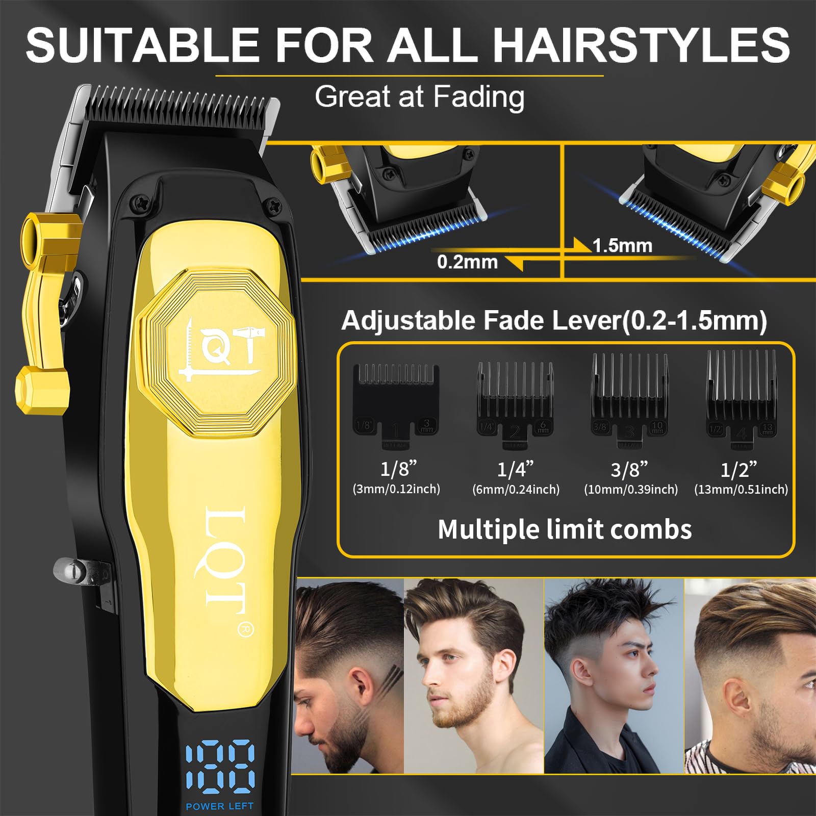 LQT Professional Cordless Hair Clippers for Men, Rechargeable Barber Clipper and Beard Trimmer Set with T-Blade, Adjustable Lever, LED Display,Haircut Trimmer Kit for Home & Barbers,Gold,Gift for Men