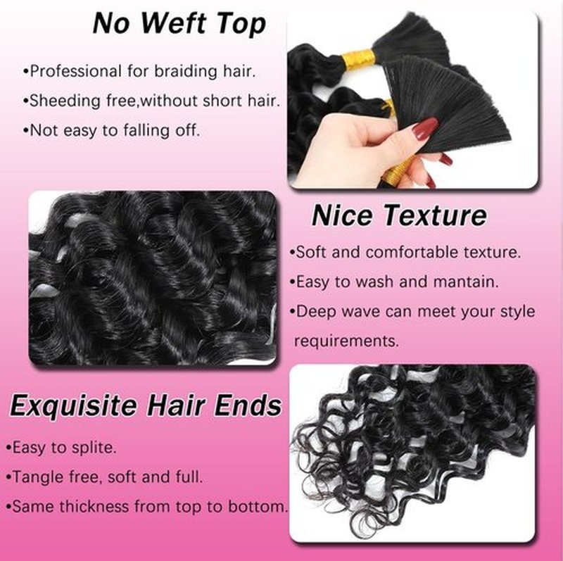 Human Braiding Hair for Boho Braids 100% Virgin Human Hair Curly Knotless 12A Deep Wave Bulk Bohemian Braiding Hair Extensions #1B Natural Black 18 Inch 100g