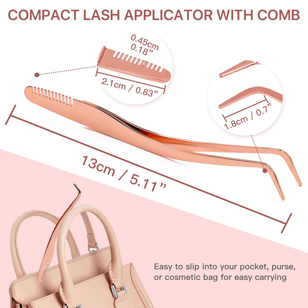 Vznffur Lash Applicator Tool with Comb, Curved Eyelash Tweezers for Precision Placement and Application, Stainless Steel Lash Tool for DIY Eyelash Extensions, Individual Clusters