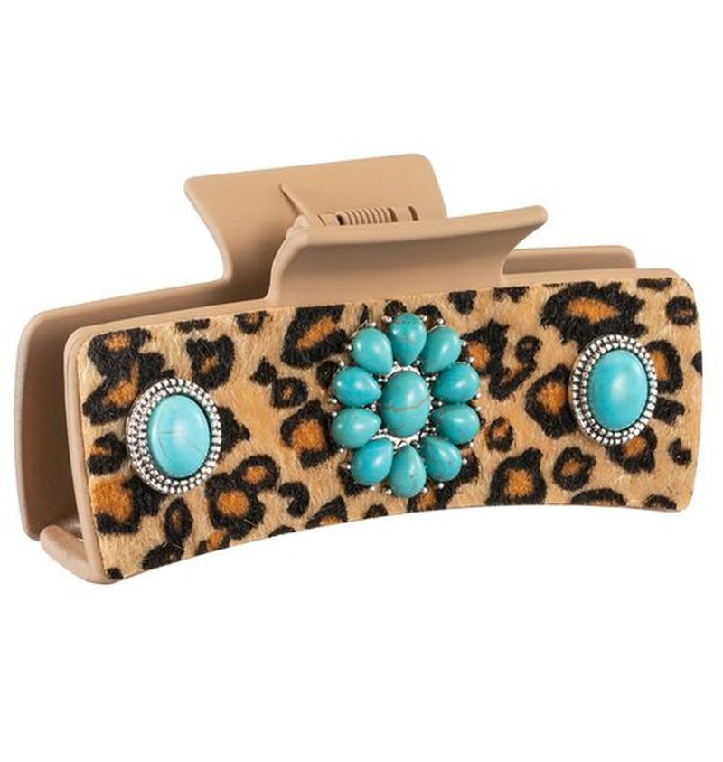 Mixcbe Western Turquoise Hair Clip with Leopard Pattern, Cowgirl Brown Square Hair Clip, 4.1 inch, Large Western Cowgirl Stuff Gift for Women Girls