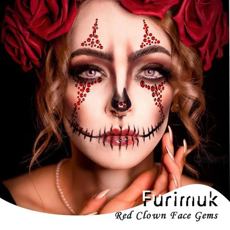 2 Pack Red Face Gems Jewels Tattoos for Halloween,Day of the Dead Skull Rhinestone Temporary Face Tattoo Stickers for Women Men Cosplay Makeup Outfit Blue Clown