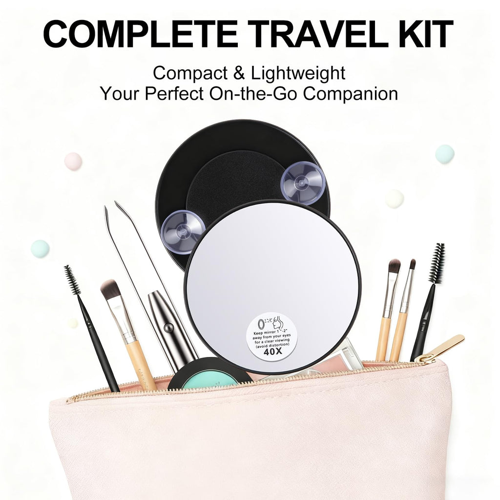 Ceoighe LED Lighted Tweezers & 40X Magnifying Mirror with Suction Cup Set, 2 in 1 Hands-Free Makeup Mirror with Light and Precision Light Up Tweezers