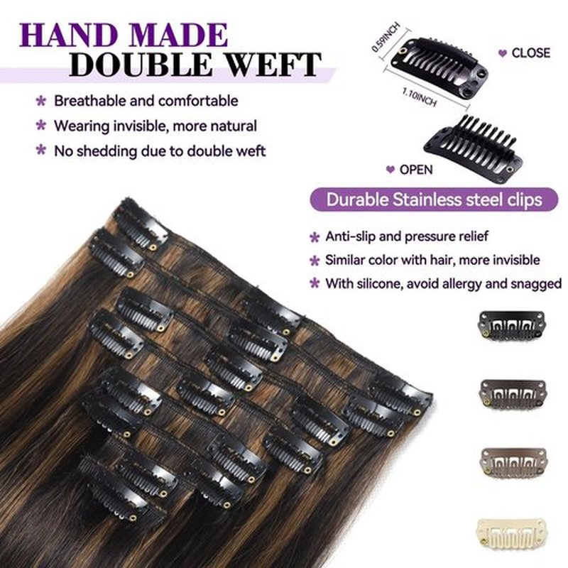 Clip in Hair Extensions Real Human Hair 18 inch 100g/3.6oz Straight Seamless Invisible Human hair Extensions Clip ins for Women Double Weft 8pcs Balayage Black Brown Highlight Chestnut Brown