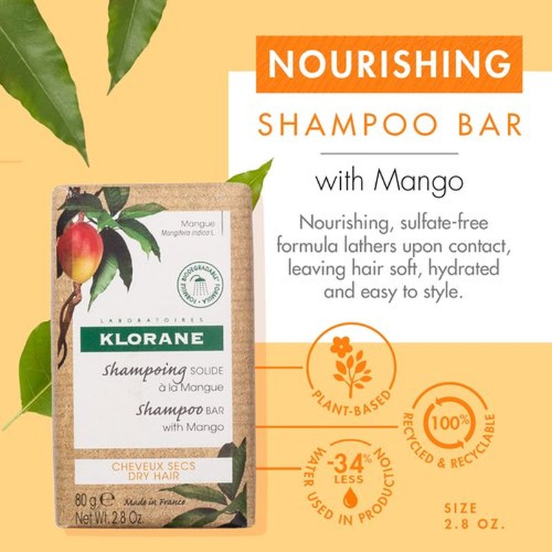 Klorane Nourishing Shampoo Bar - Mango Infused, 2.8 Oz for Hydrated & Healthy Hair