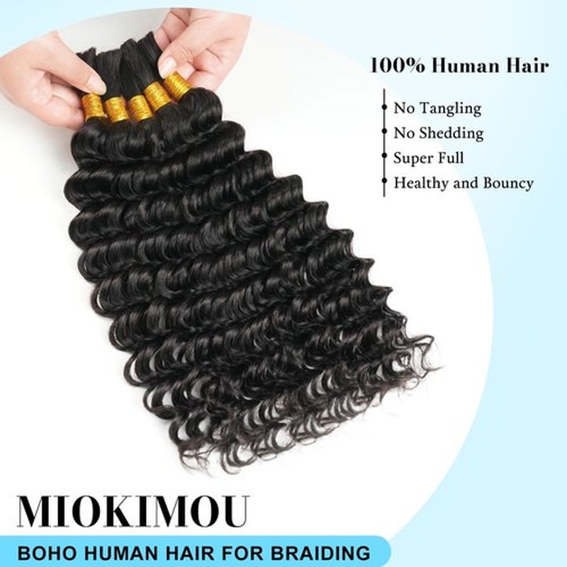 Miokimou Human Braiding Hair for Boho Braids 150g 5 Bundles/Pack 20 Inch Deep Wave Boho Hair for Braiding Knotless 12A Curly Bulk Bohemian Natural Black
