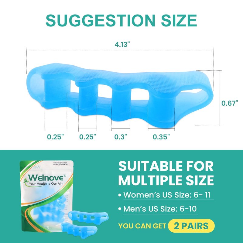 Welnove Toe Separators Spacers for Women - 4 Pack Gel Toe Straightener to Correct Bunions and Relieve Foot Pain - Silicone Toe Spacers for Toe Overlapping Yoga Practice, Non-Slip Design, Blue