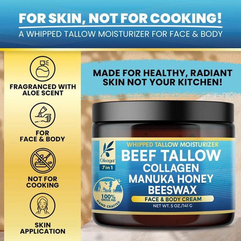 Organic Beef Tallow for Skin, Organic Grass-Fed Beef Tallow Balm with Manuka Honey, Aloe Vera, Jojoba Oil, Collagen & Beeswax, Olive Oil, Moisturizer for Dry Skin, Nourishes Face, Body & Lips (5oz)