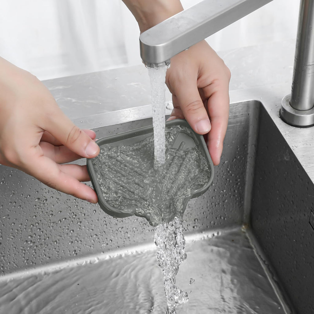 MicoYang Silicone Soap Dish with Drain Spout, Self-Draining Sink Organizer Tray for Bathroom and Kitchen, Sponges, Dispensers and Soap Holder, Non-Slip and Dishwasher Safe, Grey (Compact, 4.9"×3.2")