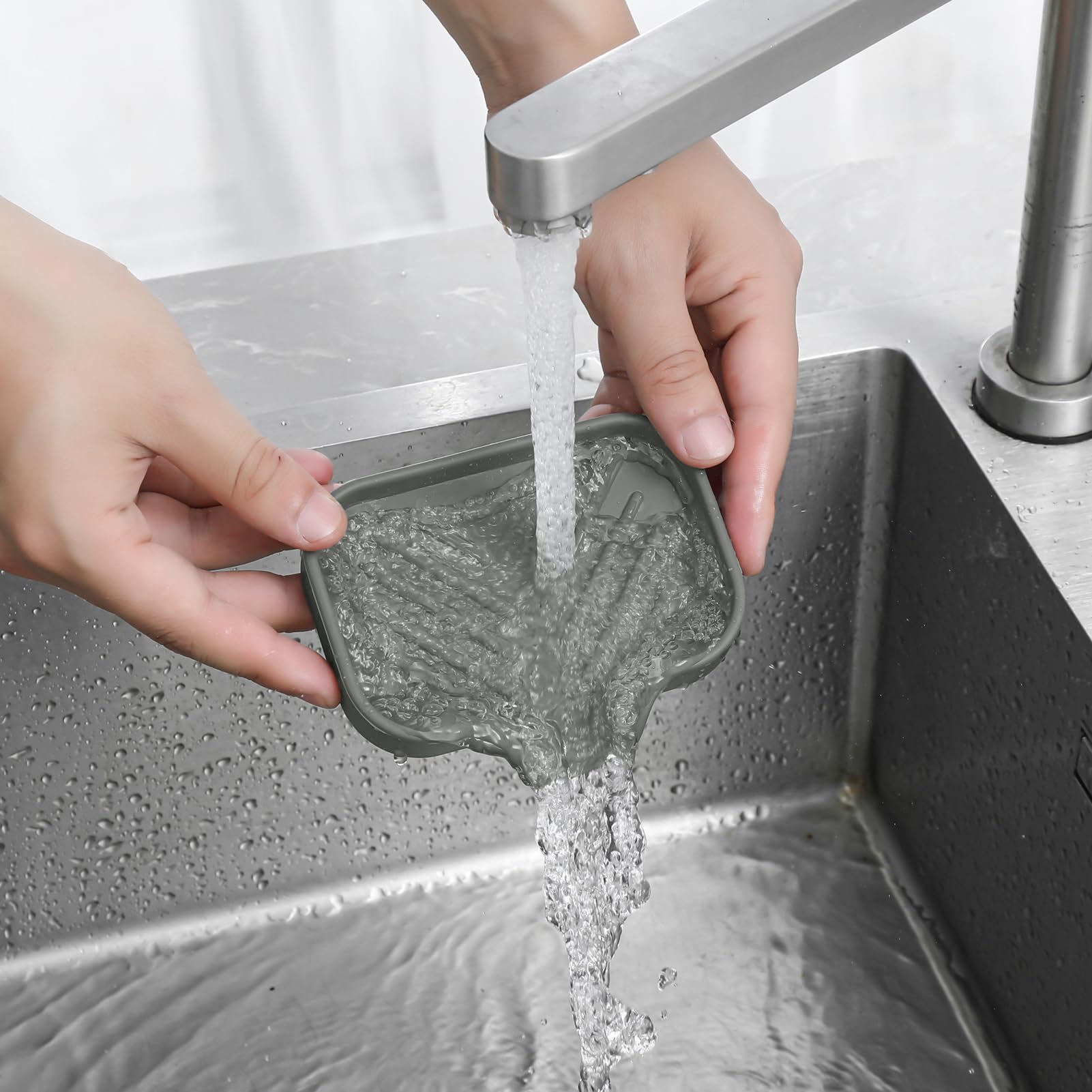 MicoYang Silicone Soap Dish with Drain Spout, Self-Draining Sink Organizer Tray for Bathroom and Kitchen, Sponges, Dispensers and Soap Holder, Non-Slip and Dishwasher Safe, Grey (Compact, 4.9"×3.2")