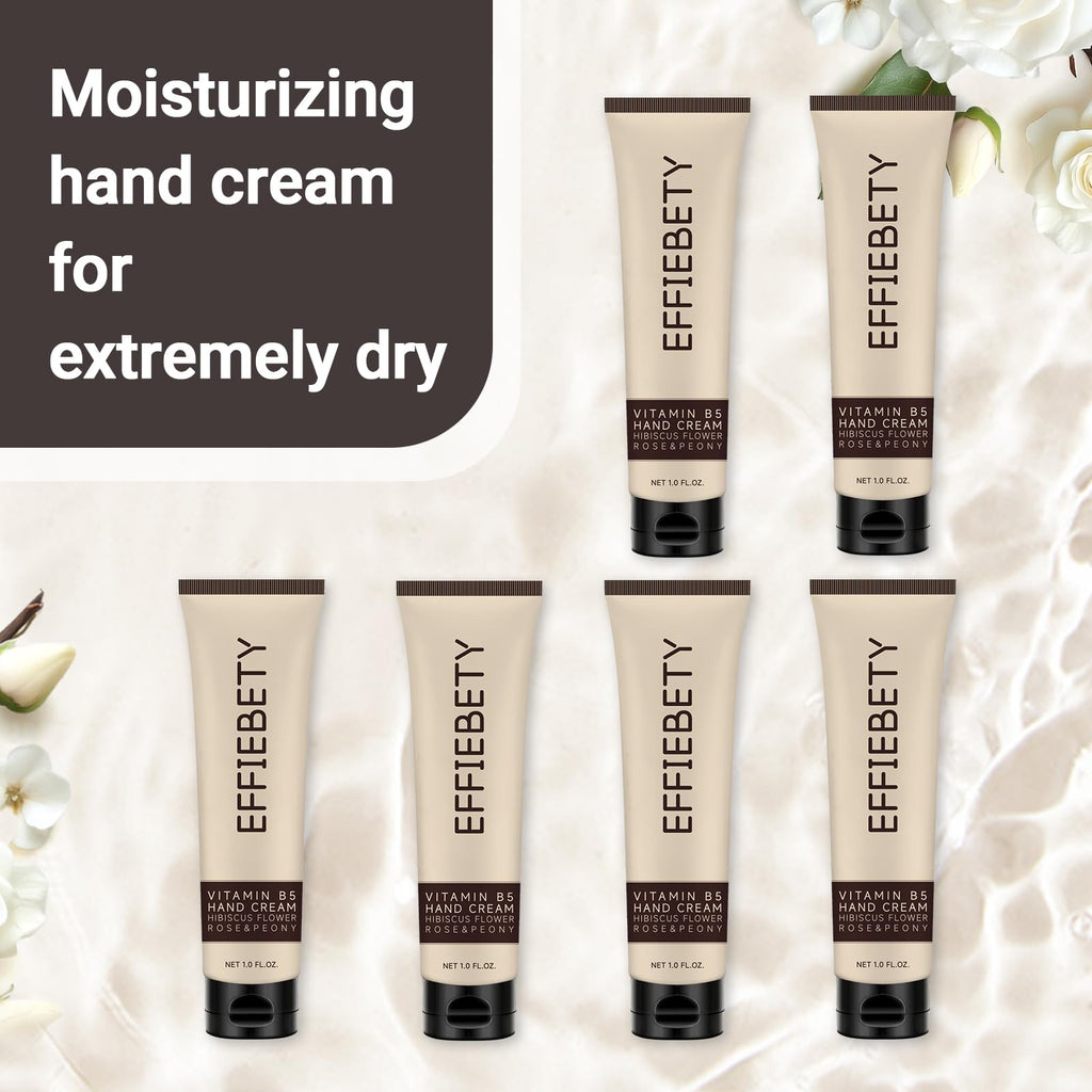 EFFIEBETY Vitamin B5 Hand Cream 6 Pack, Fast-Absorbing & Non-Greasy for Deeply Hydrated, Soft Skin, Infused with Hibiscus Flower, Rose & Peony, Vegan & Cruelty-Free (1 fl oz)