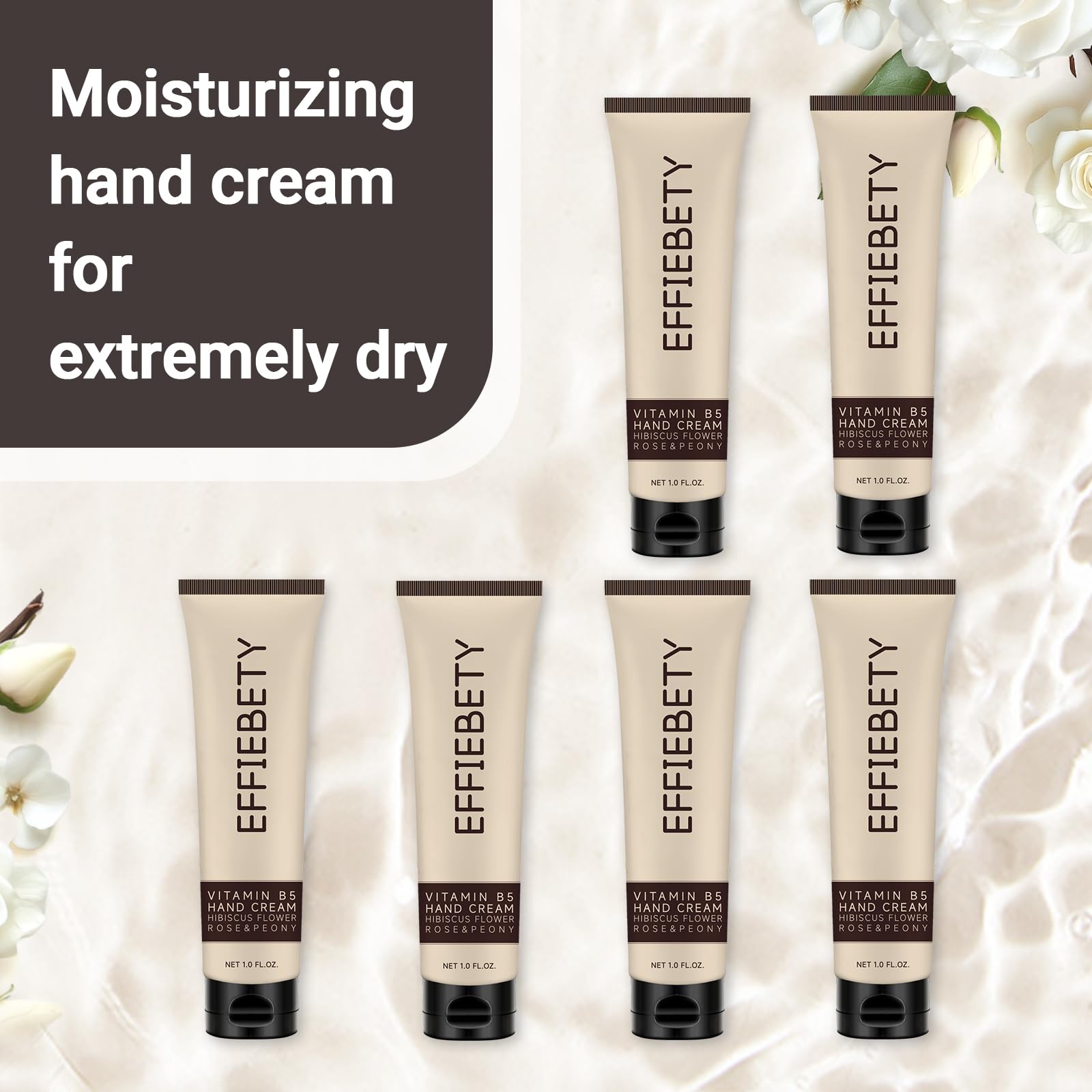 EFFIEBETY Vitamin B5 Hand Cream 6 Pack, Fast-Absorbing & Non-Greasy for Deeply Hydrated, Soft Skin, Infused with Hibiscus Flower, Rose & Peony, Vegan & Cruelty-Free (1 fl oz)