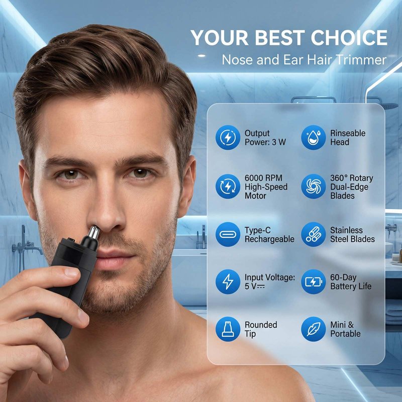 Sufisat Nose and Ear Hair Trimmer for Men and Women, Type-C Rechargeable Nose Trimmer with Rounded Tip, Dual-Edge Stainless Steel Blades, Rinseable Head, 3W 6000 RPM