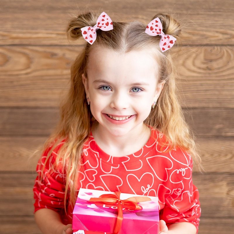 Valentines Pink Hair Bows Gift for Girls Women 4Pcs Cute Handmade Glittery Red Love Heart Ribbon Alligator Clips, Her Wedding Birthday Party Dress Decoration Accessories