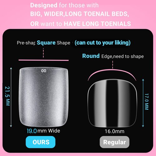 300Pcs Square Toe Nail Tips with Glue,SINOKAME 15 Sizes Wider Long Fake Toenails Matte No File Needed,Clear Press on Toenails Full Cover,Paintable Toe Extension Tips Soak off Home DIY