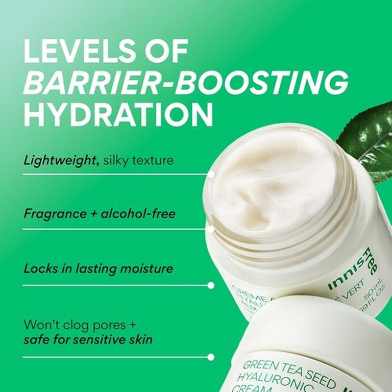 Innisfree Green Tea Seed Hyaluronic Acid Cream - Hydrating Korean Face Moisturizer with Ceramide | Jumbo Size Available
