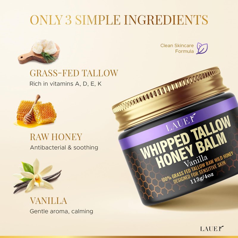Whipped Tallow Honey Balm Soft Smooth Skin Face 100% Grass-Fed Beef Tallow Body Butter Raw Honey All Skin Type Natural Vanilla Moisturizer for Eczema Rashes Dry Skin Sunburn Treatment for Women