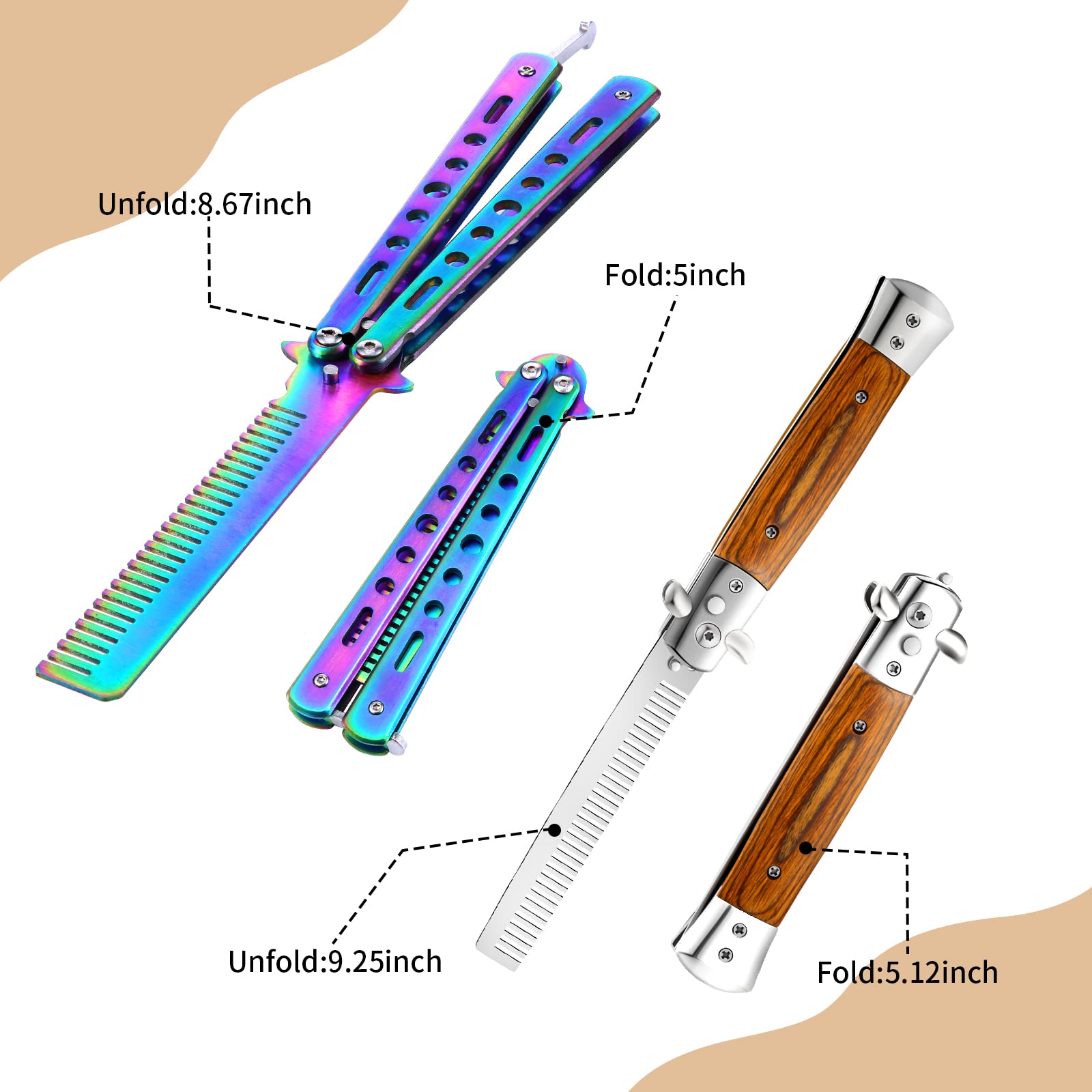 Chengu 2 Pieces Wood Grain Switchblade Blade Pocket Hair Brush Comb Automatic Push Button Brush and Folding Butterfly Stainless Steel Training Practice Comb Outdoor(Iridescent)