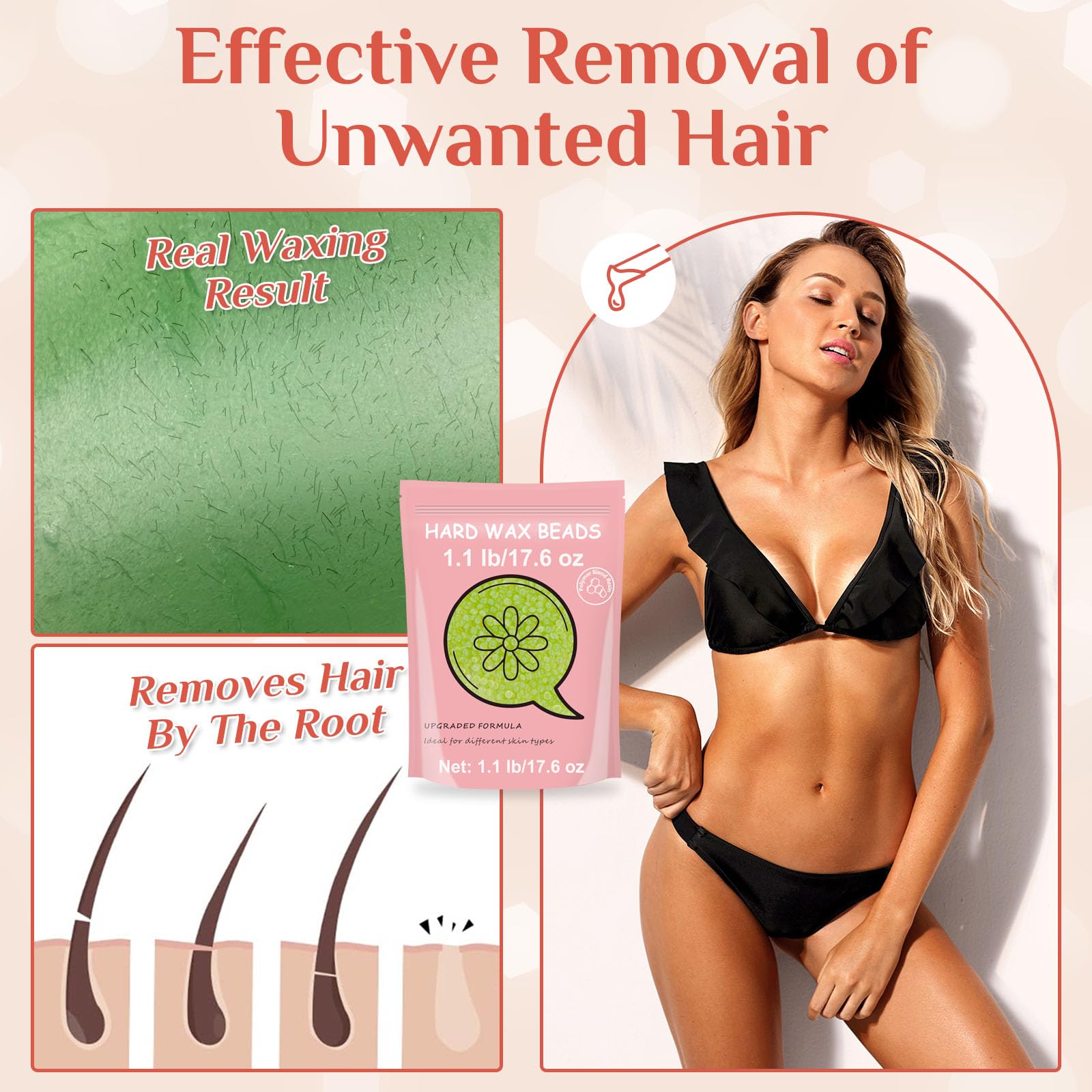 Hard Wax Beads, 1.1lb Wax Beans For Coarse Hair Removal Sensitive Skin, For Face Eyebrow Leg Bikini Brazilian Waxing, Perfect For Full Body & All Hair Types At Home (Aloe)