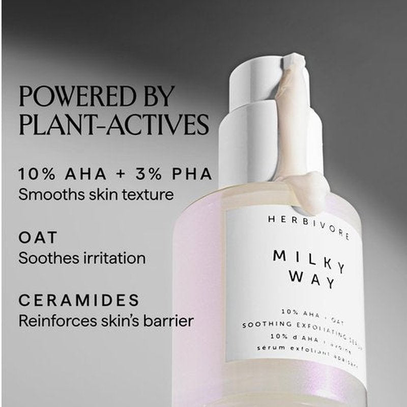 HERBIVORE Milky Way 10% AHA + Oat Soothing Exfoliating Serum – Multitasking Instant Glow Formula with Ceramides & Hyaluronic Acid, Plant-based, Vegan, Cruelty-free, 30mL / 1 oz