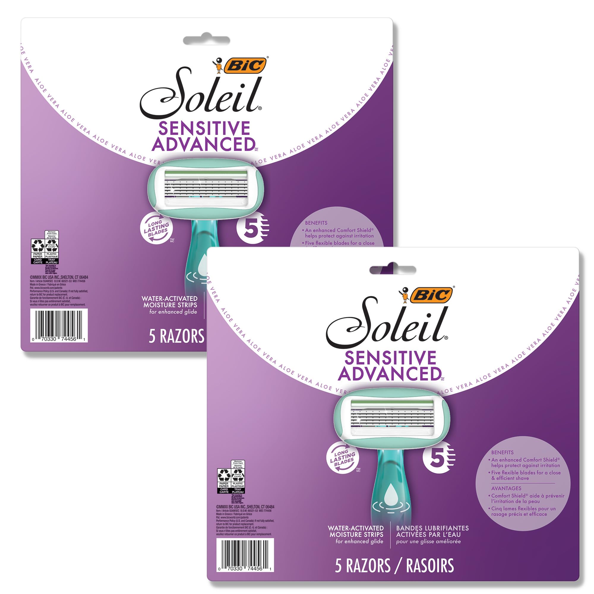 BIC Soleil 5 Sensitive Women's Disposable 5 Blade Razors, 360 Degree Moisture Strips, Anti-Slip Grip, 10-Pack