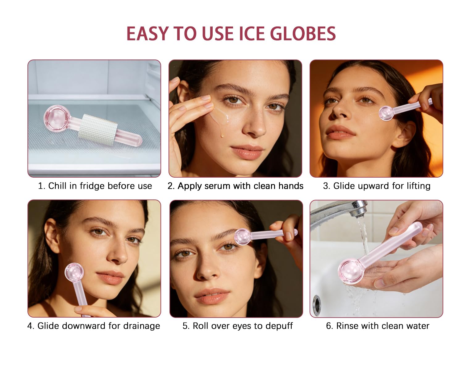 SportEmblema Ice Globes for Face & Eyes,Facials Cold Roller Cooling Globes for Skin Tightening & Anti-Aging Reusable Ice Facial Roller for Reduction of Puffiness & Wrinkles Dark Circles,Headaches-Pink