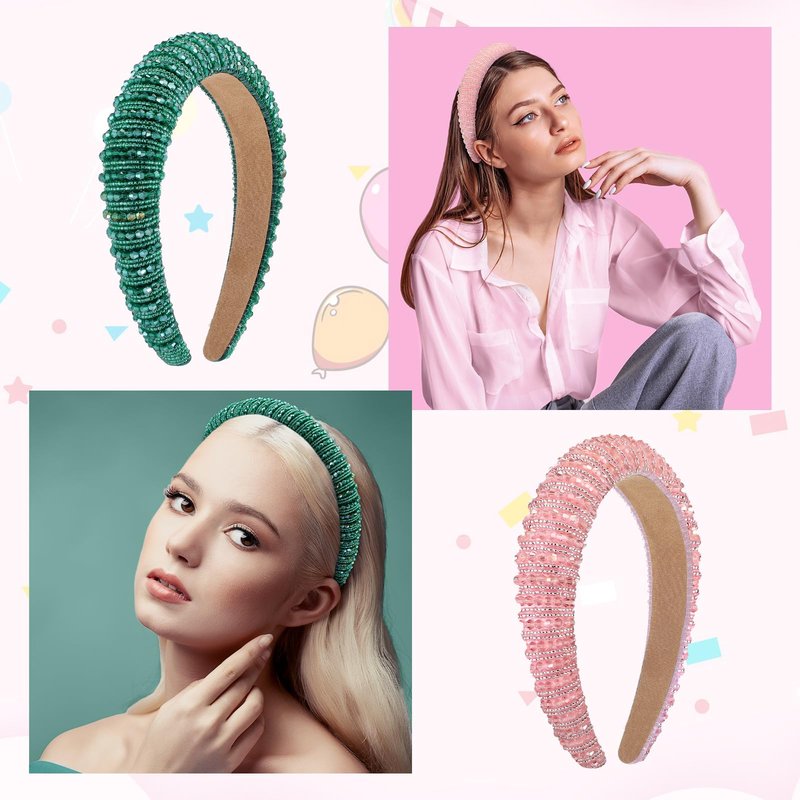 Wavyknot Witch Theme Party Favor 2 Pcs Pink and Green Bling Rhinestones Headband Crystal Diamond Beaded Hair Accessories Embellished Head Band Party Cosplay for Girls Women Valentines Wedding