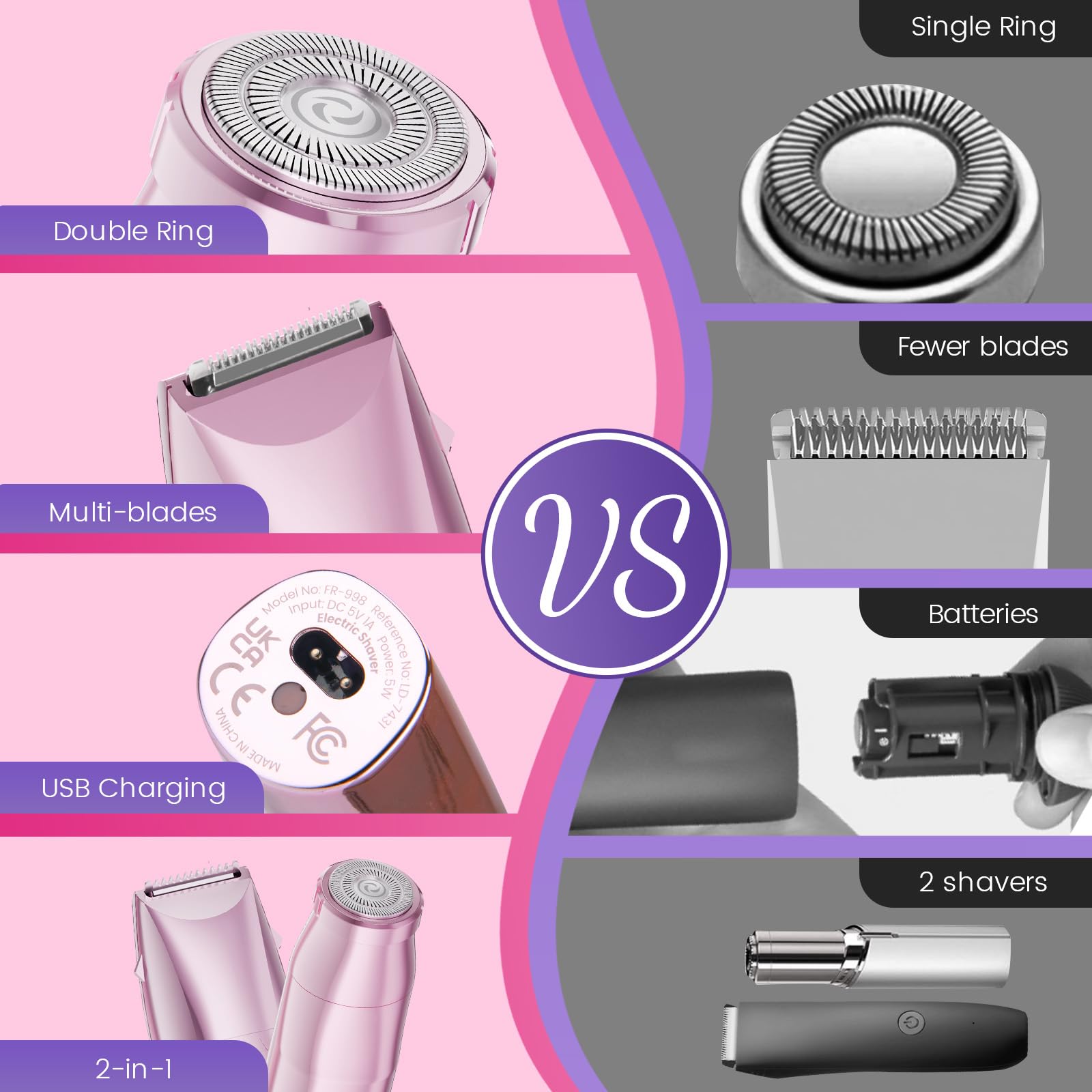 Bikini Trimmer for Women 2 in 1 Electric Razors for Women - Wet and Dry Electric Lady Shaver, Smooth Facial Hair Remover and Body Hair Trimmer for Bikini,Leg, Underarm, Face, Private Area (Rose)