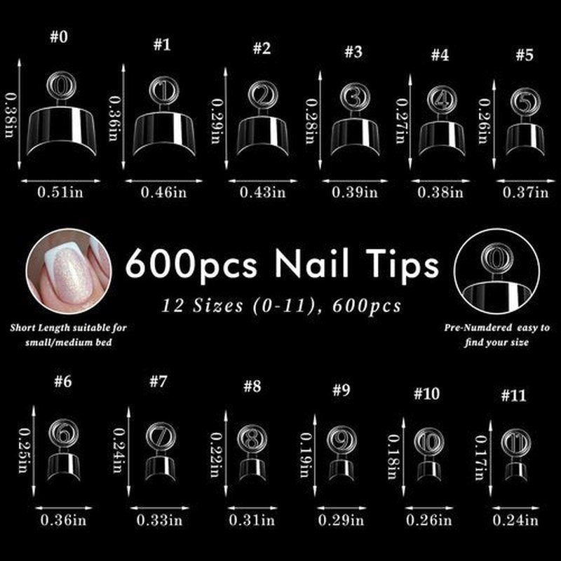 AddFavor 600pcs Extra Short Square Nail Tips, Half Cover Clear Soft Gel Nail Tips Square, 12 Sizes Press on False Nails Tips for Acrylic Nail Extension, Salon and Home DIY