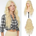 Aida ble Long Blonde Wig with Curtain Bangs 26 Inch Wavy Blonde Wigs for Women Synthetic Layered Wig Natural Looking Heat Resistant Fiber Wigs for Daily Party Halloween Cosplay Use