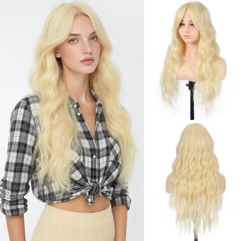 Aida ble Long Blonde Wig with Curtain Bangs 26 Inch Wavy Blonde Wigs for Women Synthetic Layered Wig Natural Looking Heat Resistant Fiber Wigs for Daily Party Halloween Cosplay Use