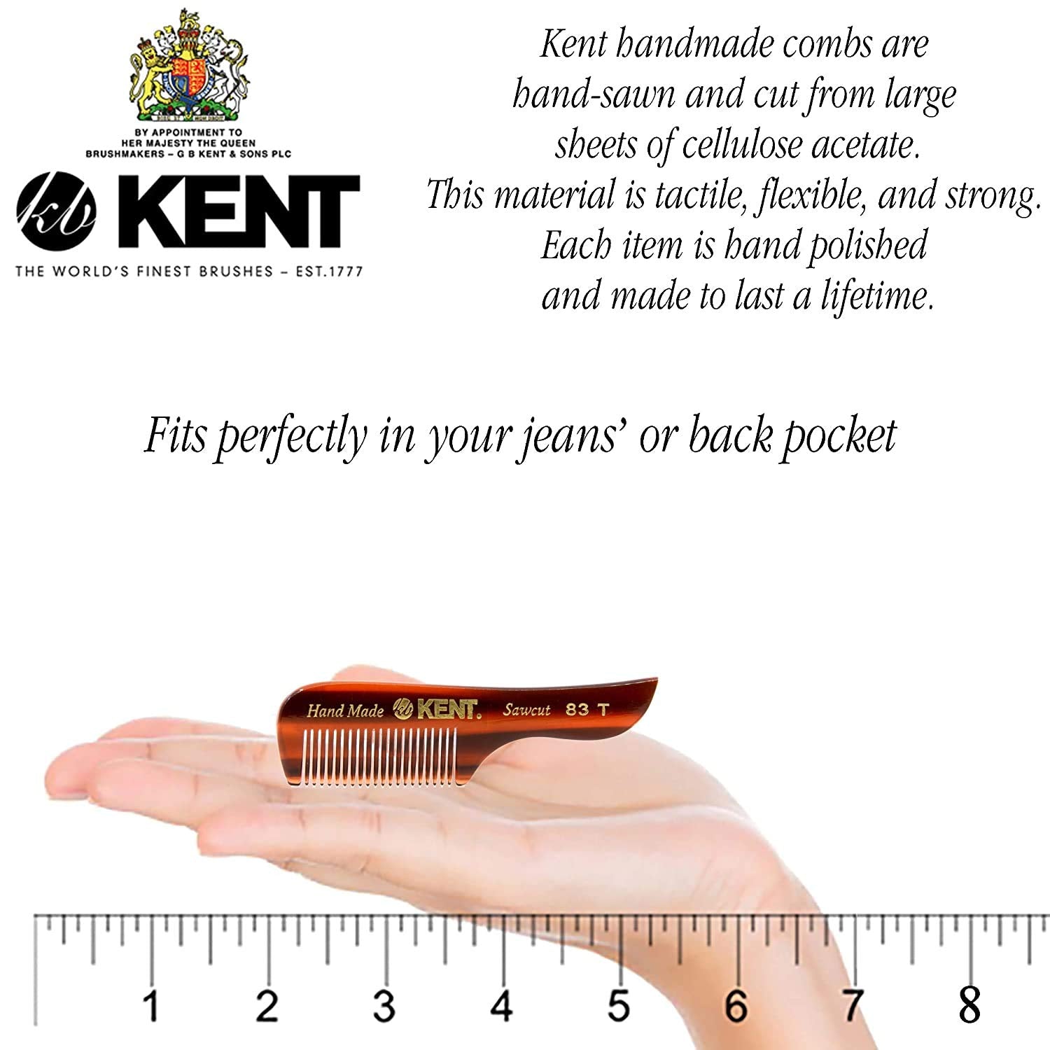 Kent 83T Small Gentleman's Beard and Mustache Pocket Comb, Fine Toothed Pocket Size for Facial Hair Grooming and Styling. Saw-cut of Quality Cellulose Acetate, Hand Polished. Hand-Made in England