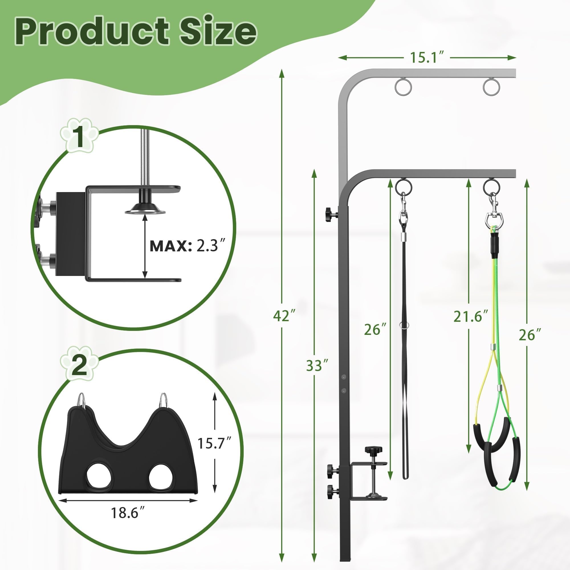 Adjustable Dog Grooming Arm with Clamps: 42" Height-Adjustable Pet Grooming Stand with Hammock and No-Sit Haunch Holders, Ideal for Home Grooming, Trimming, and Nail Clipping (Table Not Included)