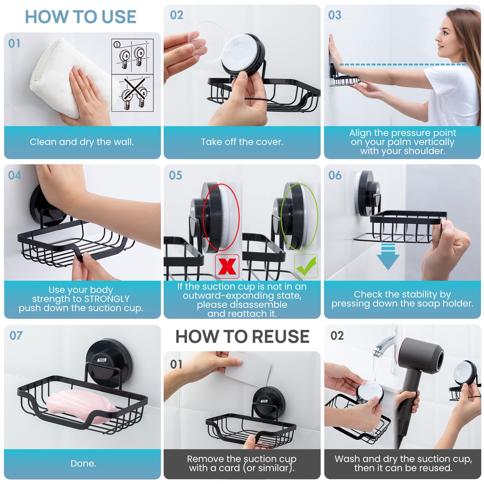 TAILI Soap Holder Dish Suction Cup, Soap Dish for Shower, Suction Bar Soap Holder for Bathroom, Rustproof Stainless Steel Drainable Bath Soap Dish Black
