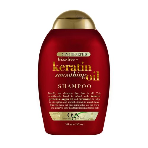 OGX Frizz-Free + Keratin Smoothing Oil Shampoo - 5-in-1 Formula for Shiny, Frizz-Free Hair | 13 Fl Oz