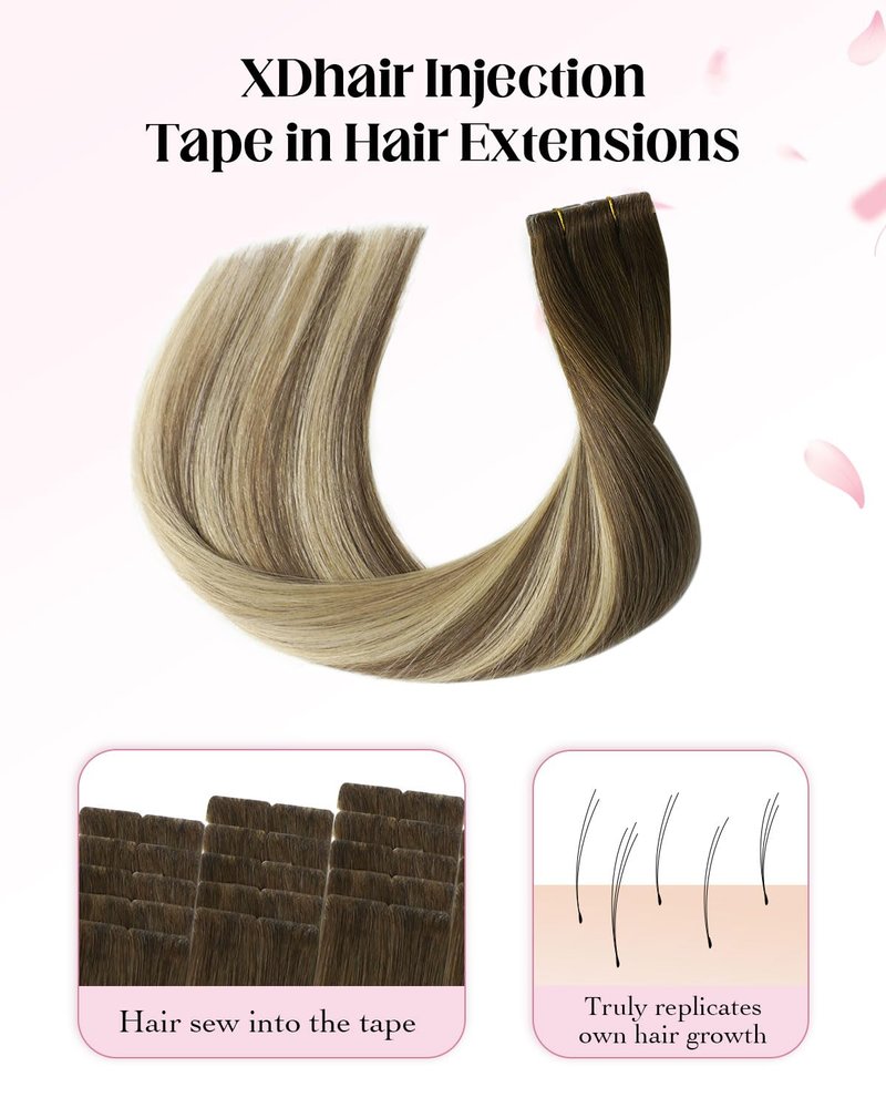 XDhair Invisible Tape in Hair Extensions 20pcs 50g Walnut Brown to Ash Brown and Golden Blonde Seamless Injected Tape ins Human Hair Extensions 18 Inch #3/8/22