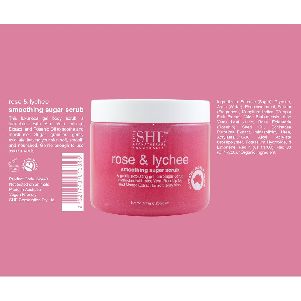OM SHE Aromatherapy Rose & Lychee Sugar Scrub 20.28oz - Exfoliating Body Scrub, Natural Sugar, Micro Bead Free, Rosehip Oil. Australian made.