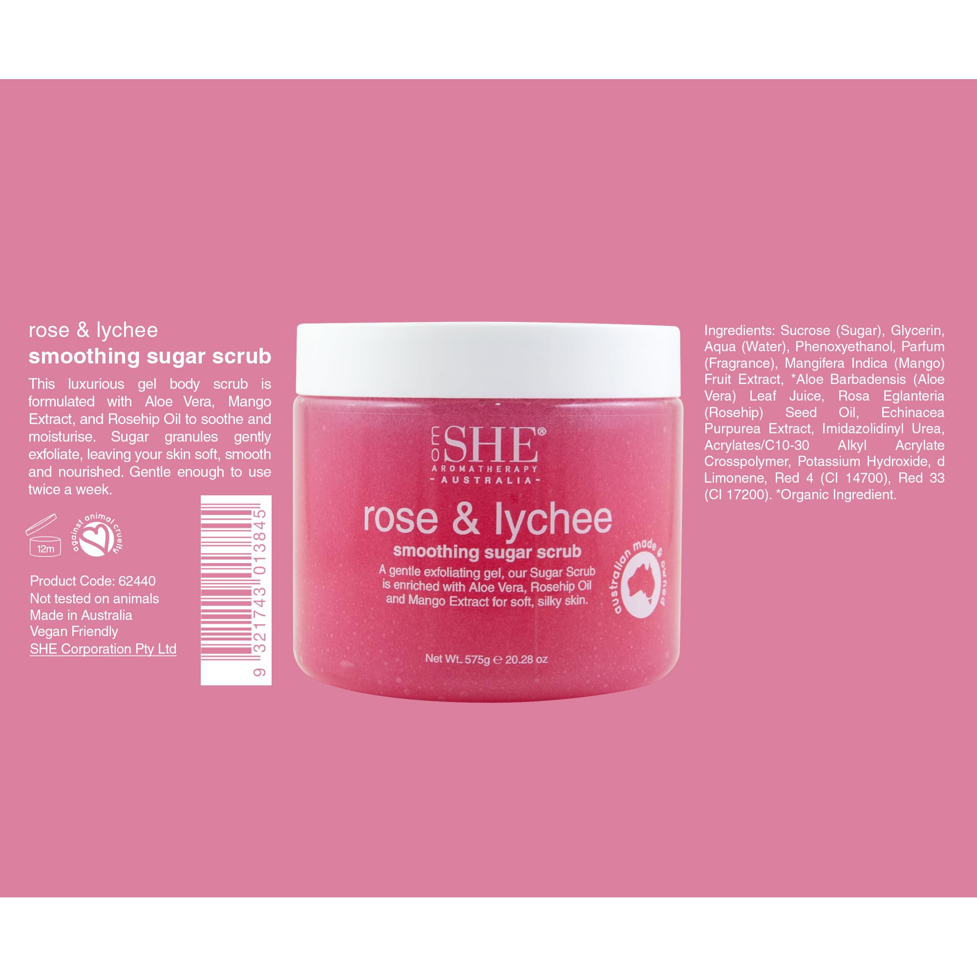 OM SHE Aromatherapy Rose & Lychee Sugar Scrub 20.28oz - Exfoliating Body Scrub, Natural Sugar, Micro Bead Free, Rosehip Oil. Australian made.
