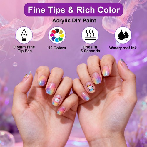 12 Color Nail Art Pens,0.5 MM Diy Nail Art Markers for Painting Nails,Quick-drying & Waterproof Acrylic Ink Nail polish Pens