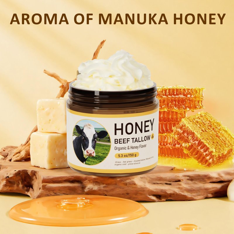 HaimaiLife Beef Tallow for Skin, Tallow and Honey Balm,Beef Tallow For Face, Grass Fed Beef Tallow for All skin Type, Honey Tallow Face Moisturizer for Skincare, 150 Gram(5.3 Oz)