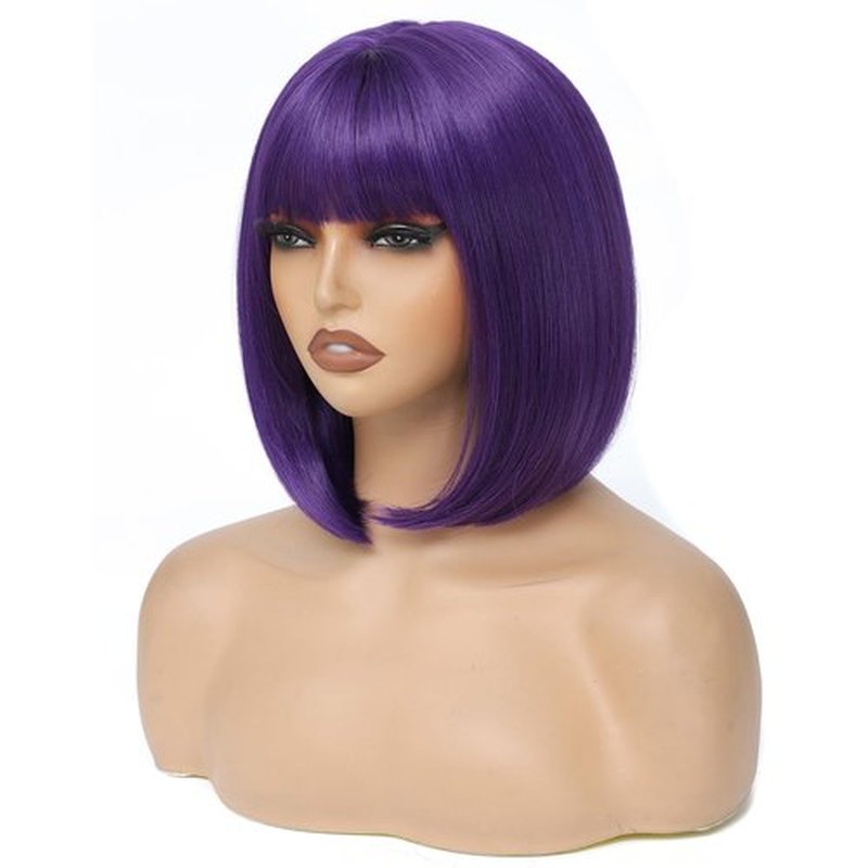 BEAUTIFA Dark Purple Bob Wig with Bangs for Women 12 Inch Short Straight Bob Purple Wigs Synthetic Colorful Wigs