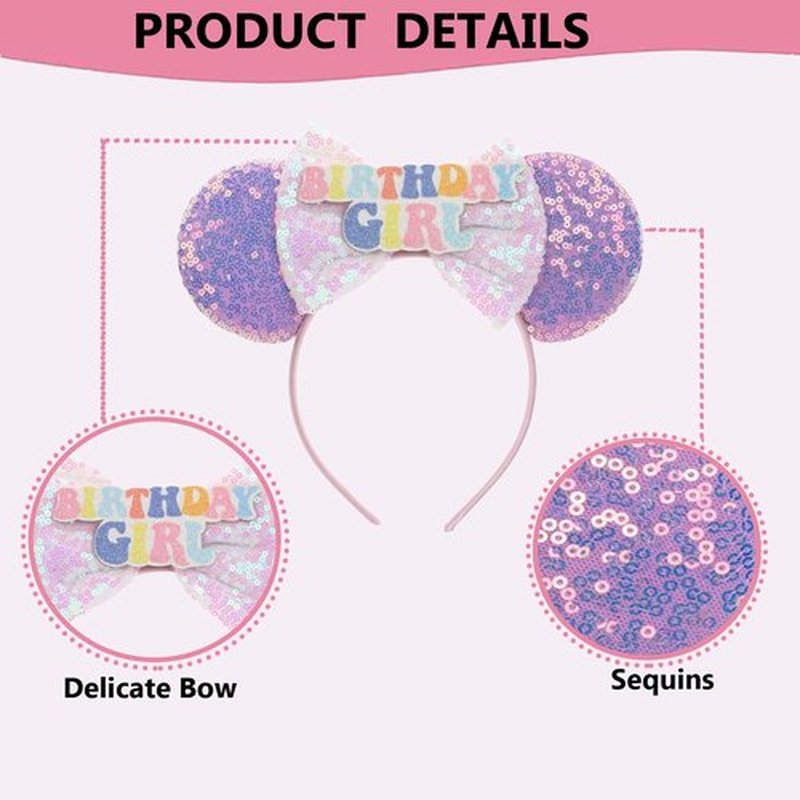 Qckarobe Birthday Mouse Ears Headband, Sequin Birthday Ears Headbands for Women Girls Adults Shiny Bow Mouse Ears Hairband Party Decorations