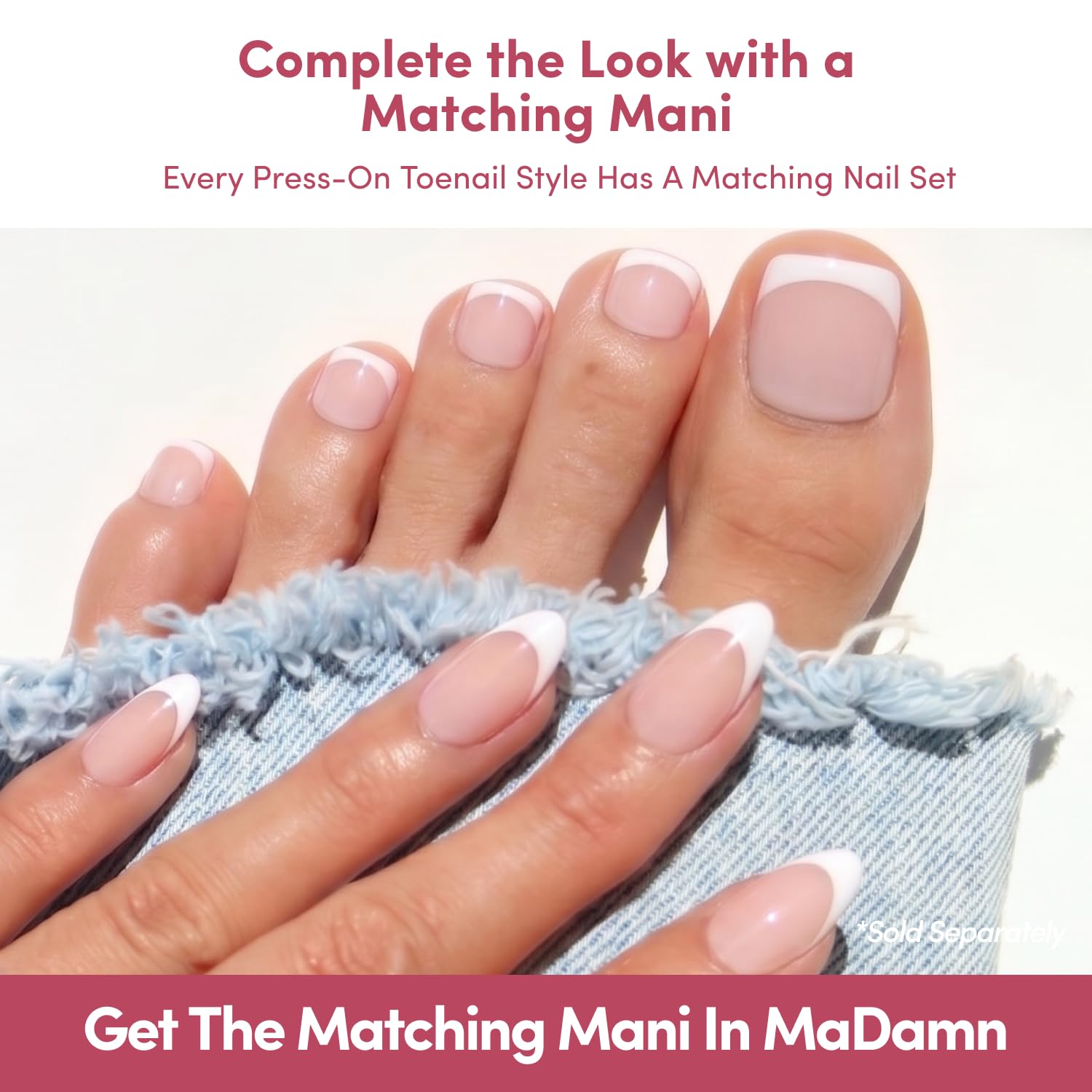 Glamnetic Press On Toenails - Natural Fake Nails | Classic White French Tip Press On Toenails, Salon Quality Press On Nails Kit with Glue | Ma Damn - 32 Nail Set in 16 Sizes