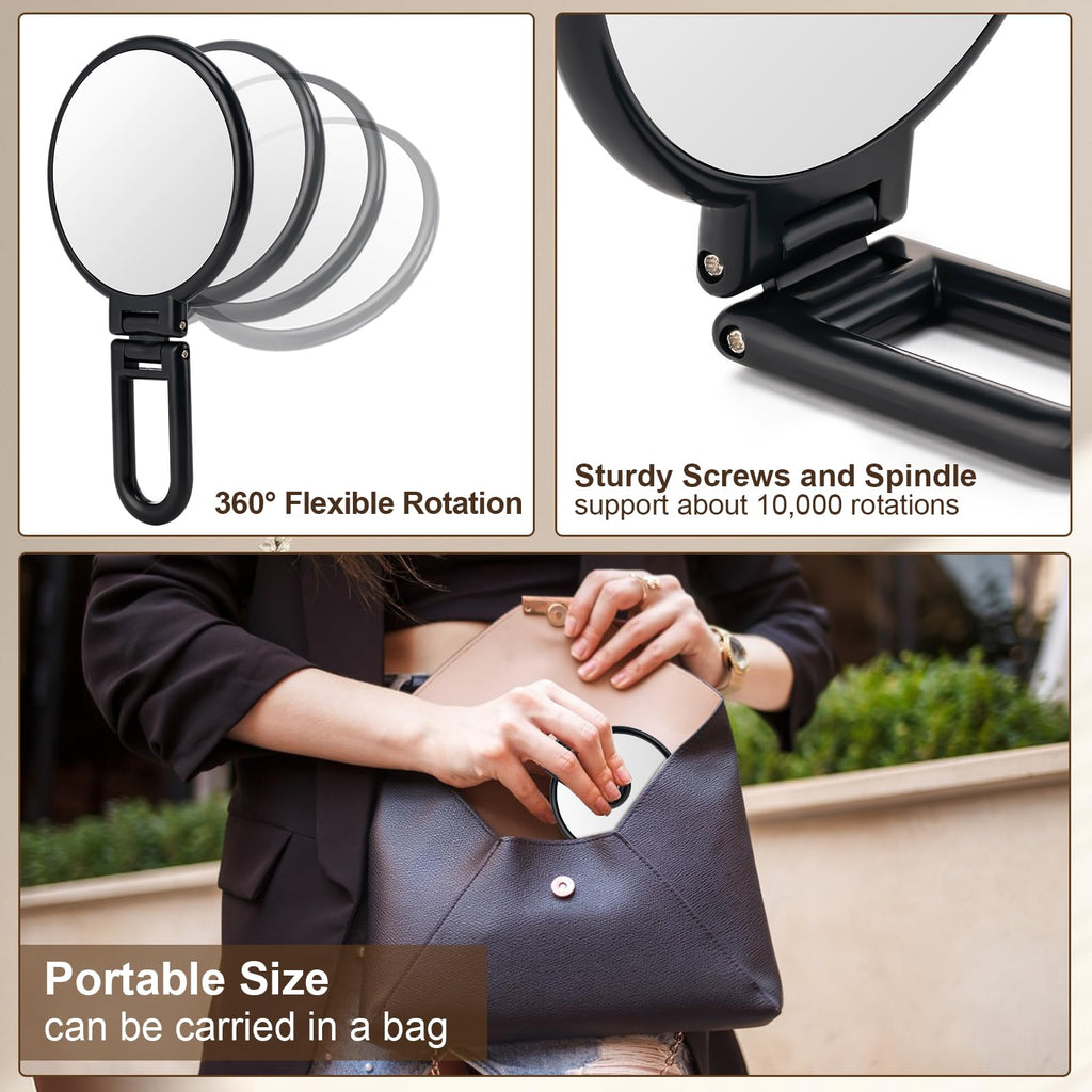 BOOMIBOO 1X/10X Magnifying Handheld Mirror Double Sided, Foldable Travel Makeup Mirror, Adjustable Rotation Pedestal Hand/Hanging/Desk Vanity Mirror-Black